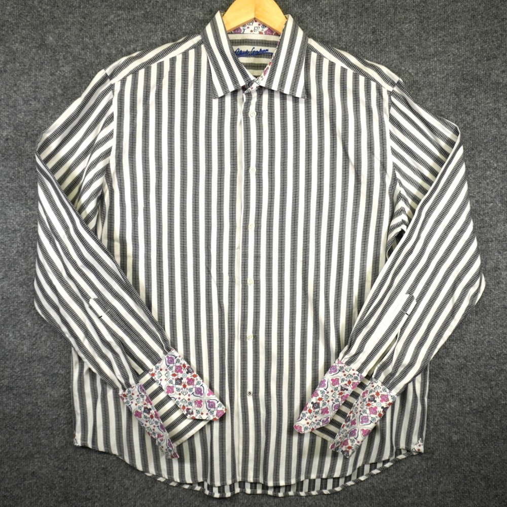 Robert Graham Button Up Shirt Mens XL Black White Striped Contrast Cuff Link - Picture 2 of 14